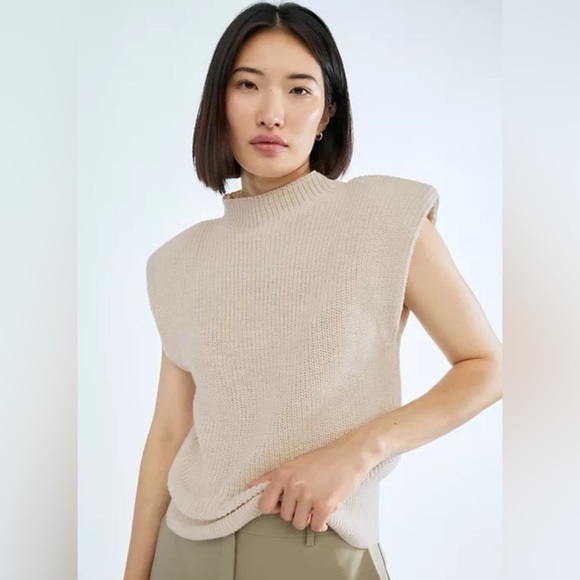 Sweaters - Beige Ribbed Knit Sleeveless Mock Neck Top with Built-In Bra - Size L